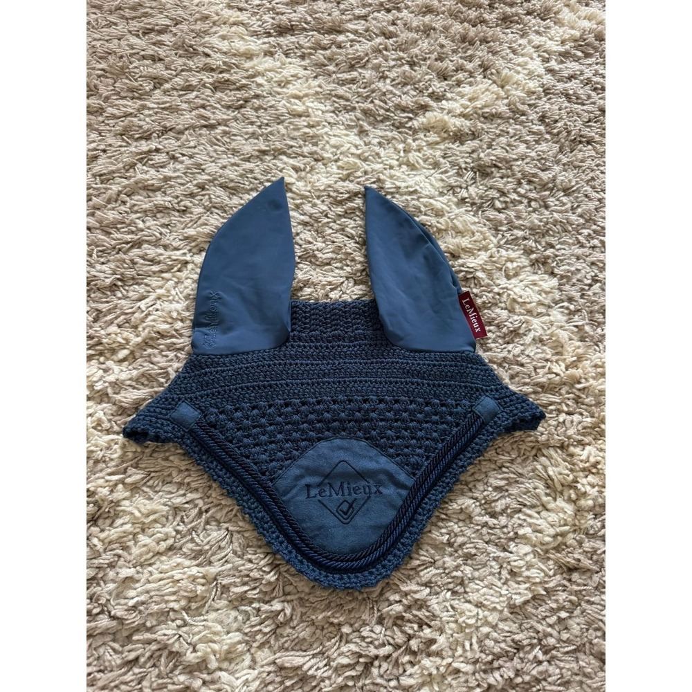 LeMieux Classic Fly Hood Horse Ear Bonnet Atlantic Blue Crochet Suede Size L